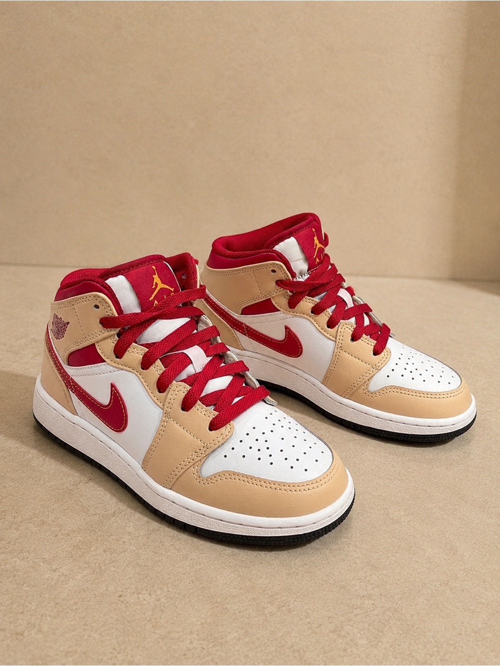 Jordan Mid-Top Sneakers in Tan, Red & White